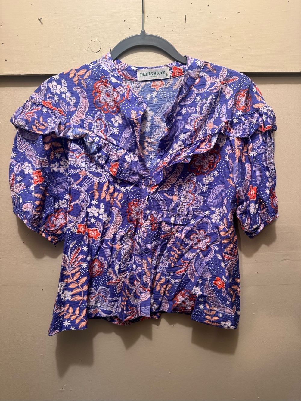Women's Purple Floral Ruffle-Collar Blouse
